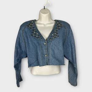 Vintage 80s Western Denim Cropped Jacket‎ Studded Rhinestone Frayed Large